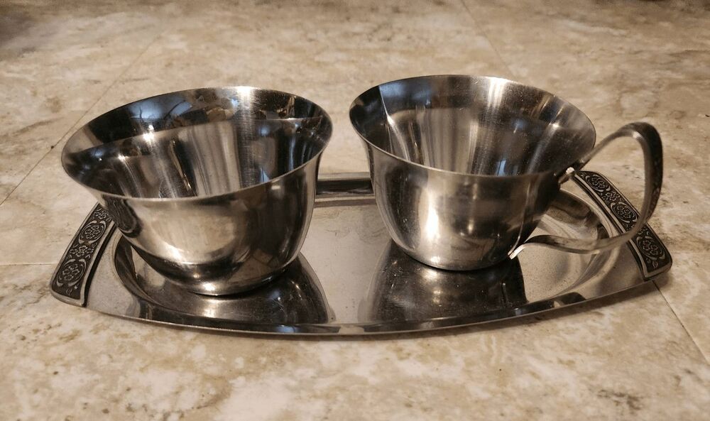 Springtime vintage 3 pc stainless sugar, creamer & tray with floral pattern
